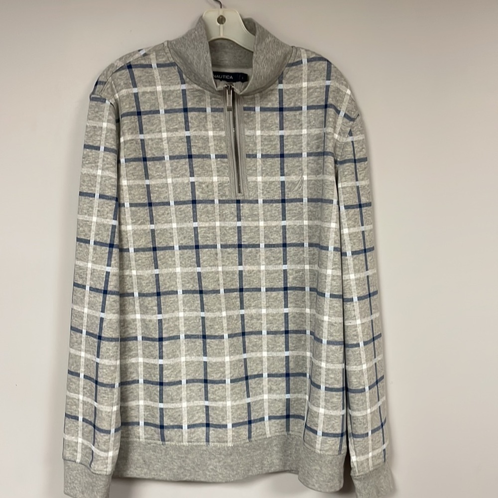 Nautica long sleeve 1/4 zip Gray with blue/ white plaid cotton blend pullover, L